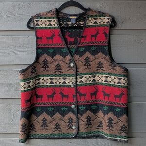 VTG 80s Woolrich Pine Trees Reindeer Wool Blanket Vest Size Large Made in USA